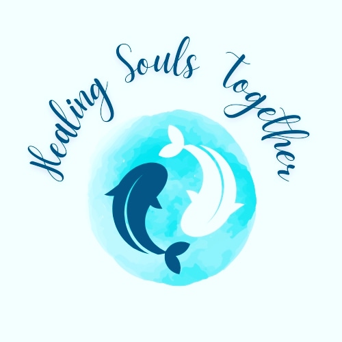 Healing Souls Together — watercolor dolphin emblem
